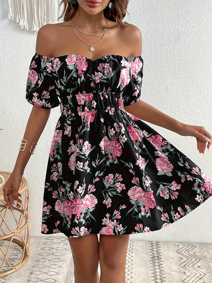 Zwart off-shoulder jurkje met bloemenprint - Sophie