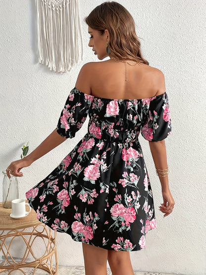 Zwart off-shoulder jurkje met bloemenprint - Sophie