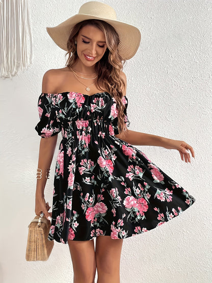 Zwart off-shoulder jurkje met bloemenprint - Sophie