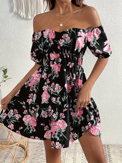 Zwart off-shoulder jurkje met bloemenprint - Sophie