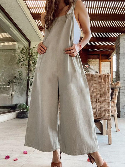 Casual Zomerse Jumpsuit van Katoen en Linnen - Beige