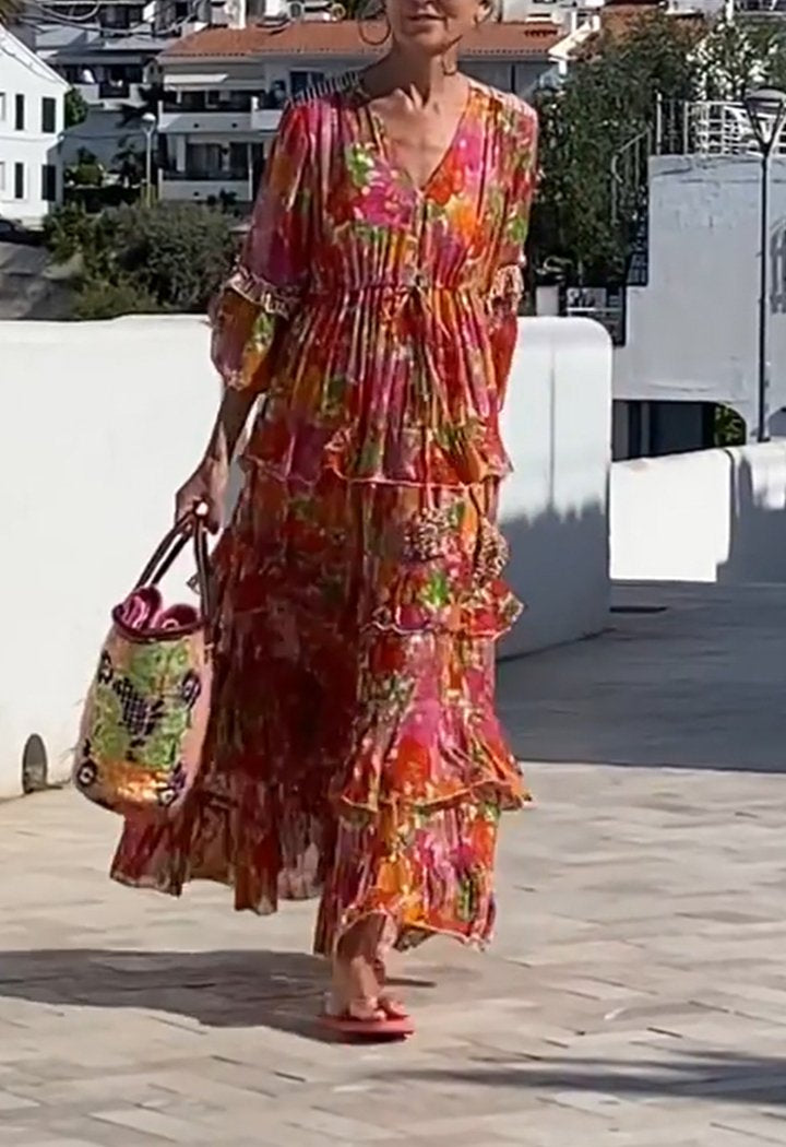 Casual Maxi Jurk met Bloemenprint en V-hals, Lange Mouwen