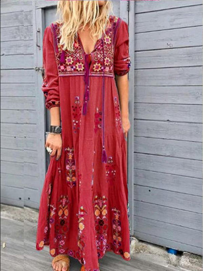 Boho Geïnspireerde Lange Jurk met Borduursels - V-Hals en Lange Mouwen