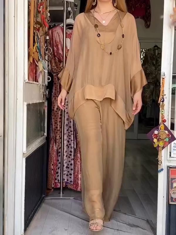 Beige Casual V-Hals Tweedelige Set - Mira