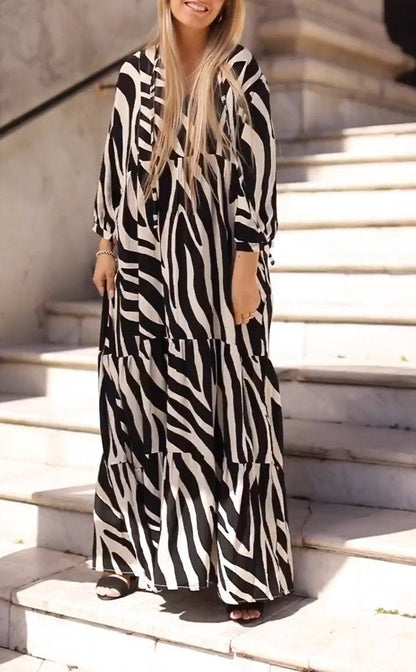 Casual Zebra Print Maxi Jurk met V-hals en Midi Mouwen