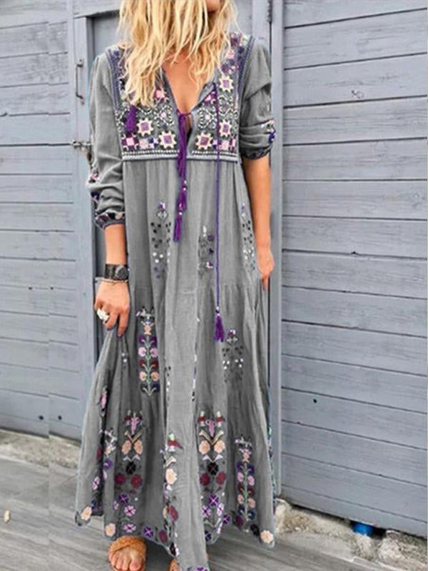 Boho Geïnspireerde Lange Jurk met Borduursels - V-Hals en Lange Mouwen