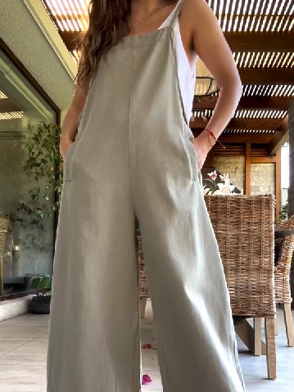 Casual Zomerse Jumpsuit van Katoen en Linnen - Beige